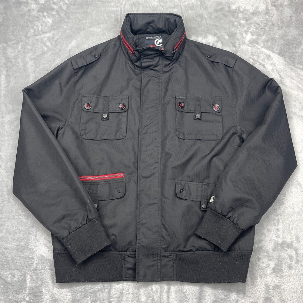 Ecko Unltd Utility Field Jacket Mens XL Black Long Sleeve Regular Fit Full Zip